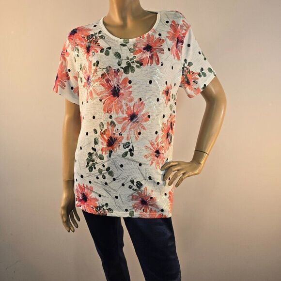 Label H. Top Size Large Floral Silver Sparkle Blouse - Picture 2 of 10